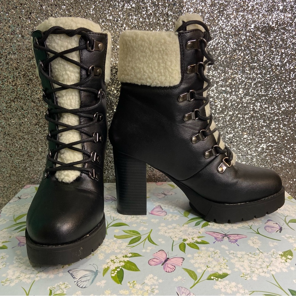 Faux Fur/ Leather Chunk Heel Combat Boots - Picture 4 of 10